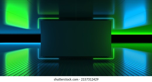 Rectangular Blank Frame, Copy Space. 3d Render Neon Abstract Background. Futuristic Landscape, Reflections On The Ground. Green Blue Light, Virtual Reality, Laser Rectangle.