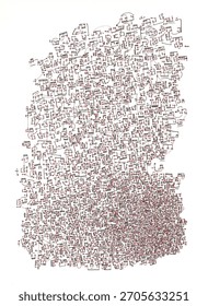 Rectangular block of dense hand-drawn sheet music with red note heads. A complex texture of musical staves and symbols creating a rhythmic, slightly distorted pattern.