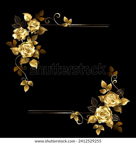 Rectangular composition of artistically drawn, jewelry, precious, sparkling gold roses. Golden Rose.
