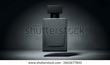 Rectangular dark glass perfume bottle with black cap, isolated on gray background. Clean, minimalist design.
