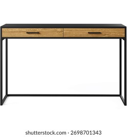 Rectangular desk with slim black metal frame and matte black top featuring two natural oak drawers with minimalist handles, functional design. Isolated on white background. Front view. 3d render.