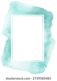 Rectangular frame border over watercolor turquoise handpainted stain. Isolated illustration with copy space for wedding invitations, stationery templates and event card design