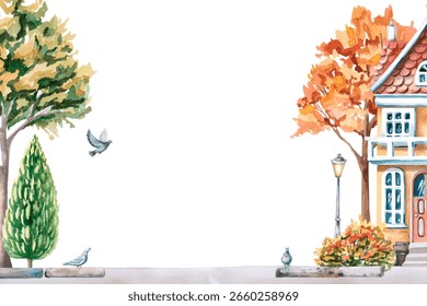 Rectangular frame with a city yellow house on the background of autumn trees. Isolated watercolor illustration for the design of seasonal menus, announcements, excursion posters, printing on postcards
