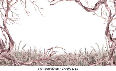 A rectangular frame with curved branches and steppe grasses. Isolated watercolor illustration for interior design, eco-projects, travel agency websites and brochures, and apparel printing