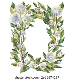 Rectangular frame of dandelions and lush green leaves. Watercolor illustration of blowballs and many white flowers. For flower shop, printing on postcards, greeting cards, business cards, etc.