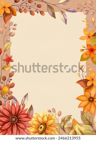 Rectangular frame with fall watercolor flowers. Vertical page background of hand drawn autumn floral illustration with branches and botanical elements. Textured craft paper for card and invitations.
