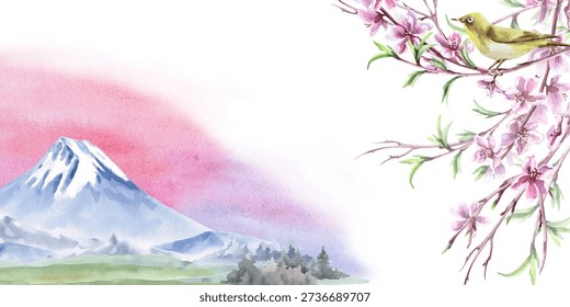 A rectangular frame with mountains against a sunrise and a bird perched on a branch. An isolated watercolor illustration with a spring theme for tableware, cards, product packaging, interior design