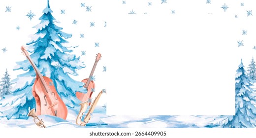 Rectangular frame with musical instruments against the background of a winter forest. Isolated watercolor illustration in a realistic style for decorating invitations, labels, postcards and posters