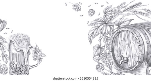 Rectangular frame with oak barrel, beer mug and hop branches. Isolated pencil realistic style illustration for design of pubs, restaurants, menus, culinary magazines.