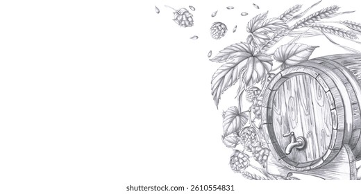 Rectangular frame with oak barrel and hop branches. Isolated pencil realistic style illustration for design of pubs, restaurants, menus, culinary magazines.
