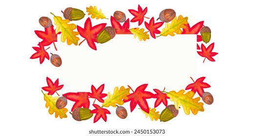 rectangular frame with place for text made of red maple leaves and yellow oak leaves and acorns autumn watercolor illustration base for cards information banners - Powered by Shutterstock