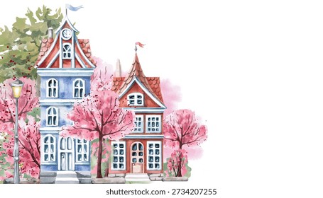A rectangular frame with two houses against a background of blossoming trees. An isolated watercolor illustration of a spring city for use in tourism print design, real estate websites, interior