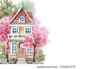 A rectangular frame with a yellow house against a background of flowered trees. An isolated watercolor illustration of a spring city for use in tourism print design, real estate websites, interior