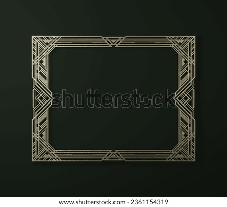 Rectangular golden metallic frame on dark green background, art deco style. 3D render.