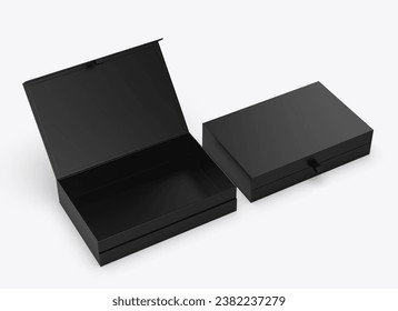 Rectangular hard packaging book style box with pull tab blank template, 3d illustration.