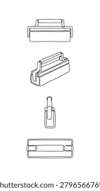Rectangular holder and clamp pieces are displayed in vertical arrangement for small hardware, mounting and product assembly concepts.