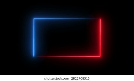 A rectangular neon frame with blue and red glowing corners set against a dark background creating a striking luminous effect