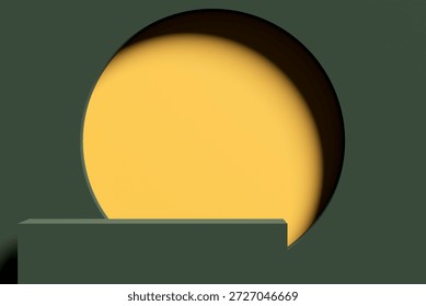 Rectangular podium, stand or platform for product display against a large yellow circle and a dark green background.