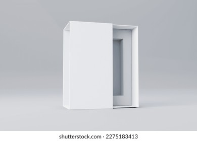 Rectangular slide box mockup, sliding open white box packaging, 3D render rigid paper box mockup, Premium photorealistic open box for cosmetic and gift packaging.