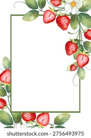 Rectangular strawberry fruit border with white blossoms and green leaves in original hand drawn illustration. Ideal for kitchen decor, food packaging, wedding invitations and summer greeting cards.