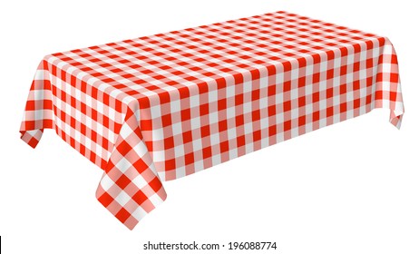 Rectangular tablecloth with red checkered pattern isolated on white, diagonal view, 3d illustration