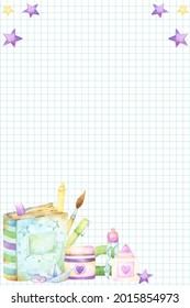 Rectangular Template With Notepad Sheet Background With Watercolor Clipart Of School Art And Craft Supplies, Text Book, Ruler, Brush, Pen, Pencil, In Cartoon Style For Scrapbook, Cards, Posters