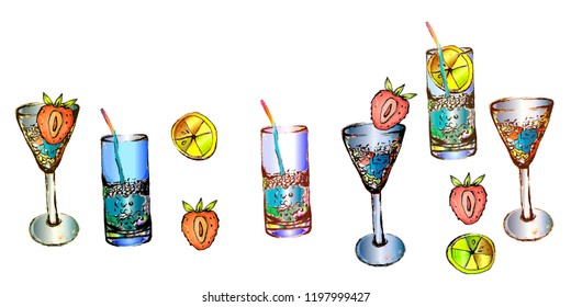 Rectangular and triangular glasses with water and alcohol a slice of lemon and a slice of cut strawberries, everything is isolated on a white background hand drawn contour is colored in raster - Powered by Shutterstock