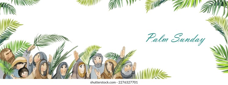 Rectangular watercolor frame Palm Sunday: praying women and men with palm branches. For Christian church publications, bible magazine designs, prints - Powered by Shutterstock