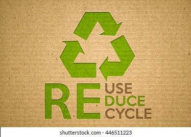 Recycle Green Symbol On Cardboard With Text Recycle Reuse Reduce