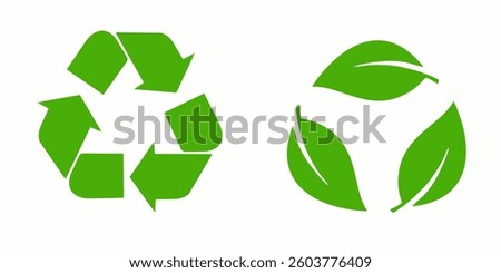 Recycle icon set. Arrows leaf recycle eco green signs. Vector illustration.