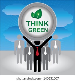 Recycle, Save The Earth or Stop Global Warming Concept Present By Group of Businessman With Think Green Sign on Hand in Blue Sky Background