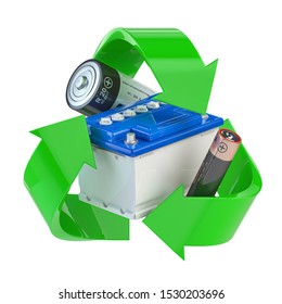 Recycle Sign With Different Types Of Batteries And Car Batter. Ecology And Green Energy Concept. 3d Illustration