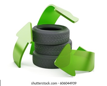 Recycle symbol around used tyres. 3D illustration.