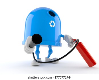 Recycling Bin Character Holding Fire Extinguisher Isolated On White Background. 3d Illustration