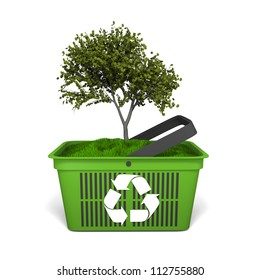 Concepto de reciclaje con árbol pequeño cultivado en cesta verde con el logotipo de reciclaje