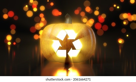 Recyle Symbol  Carved On Halloween Pumpkin. 3d Illustration With Bokeh Effect On Background. Suitable For Halloween, Alphabet And Holiday Sale Themes.