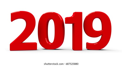 Red 2019 symbol, icon or button isolated on white background, represents the new year 2019, three-dimensional rendering, 3D illustration