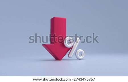 Red 3d down arrow showing a financial decrease or discount, next to a silver percentage sign on a blue background
