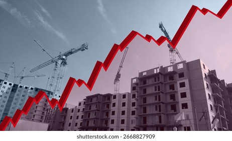 Red 3d graph on construction site monochrome background. chart. Interest Rate Increases. Apartment. Industry crisis concept. Inflation. Flat Rising prices. Rental housing market research. statistics