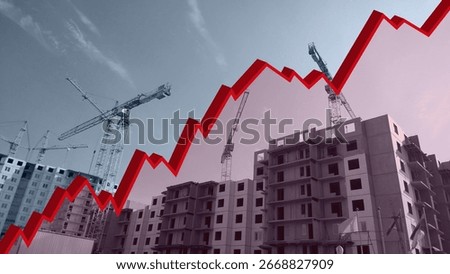 Red 3d graph on construction site monochrome background. chart. Interest Rate Increases. Apartment. Industry crisis concept. Inflation. Flat Rising prices. Rental housing market research. statistics