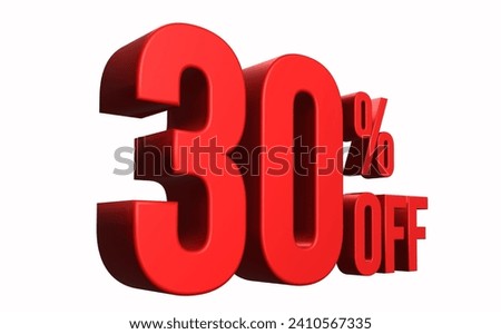Red 3d render label. 30% discount label on isolated white background, ready for promotion or advertising.