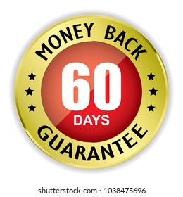 Red 60 days money back badge with gold border on white background.