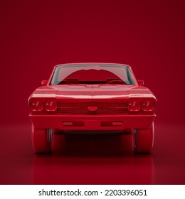 Red 69 Chevy EL Camino. Monochrome Single Color Red Car From Front View, 3D Rendering, No People