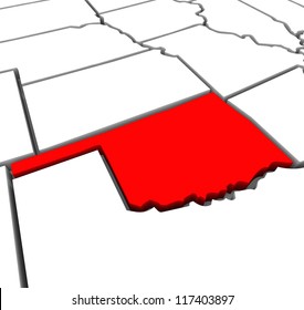 A red abstract state map of Oklahoma, a 3D render symbolizing targeting the state to find its outlines and borders