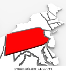 A red abstract state map of Pennsylvania, a 3D render symbolizing targeting the state to find its outlines and borders