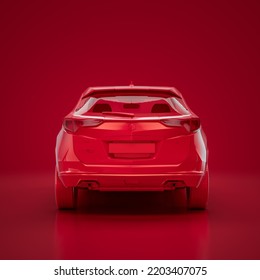 Red Acura CDX. Monochrome Single Color Red Car From Back View, 3D Rendering, No People