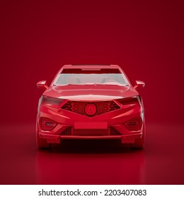 Red Acura CDX. Monochrome Single Color Red Car From Front View, 3D Rendering, No People