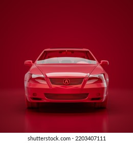 Red Acura. Monochrome Single Color Red Car From Front View, 3D Rendering, No People