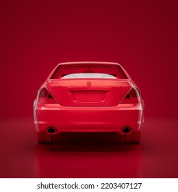 Red Acura. Monochrome Single Color Red Car From Back View, 3D Rendering, No People