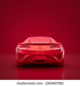 Red Acura NSX MK2 2016. Monochrome Single Color Red Car From Back View, 3D Rendering, No People